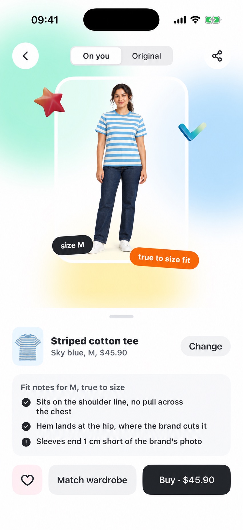 Illustrative try-on result with a fictional model and fit notes