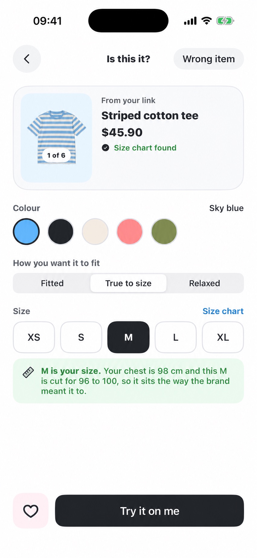 Illustrative OnU size selection screen showing M selected