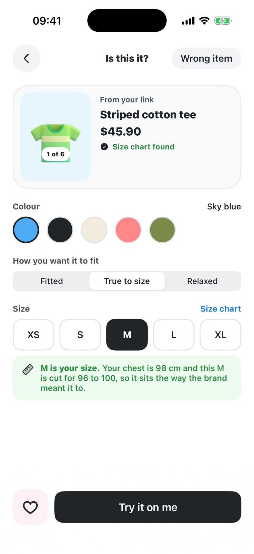 OnU app screen showing a selected medium size and fit preference